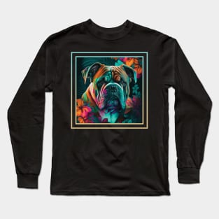 Bodacious Bulldog Vibrant Tropical Digital Oil Painting Pet Portrait Long Sleeve T-Shirt